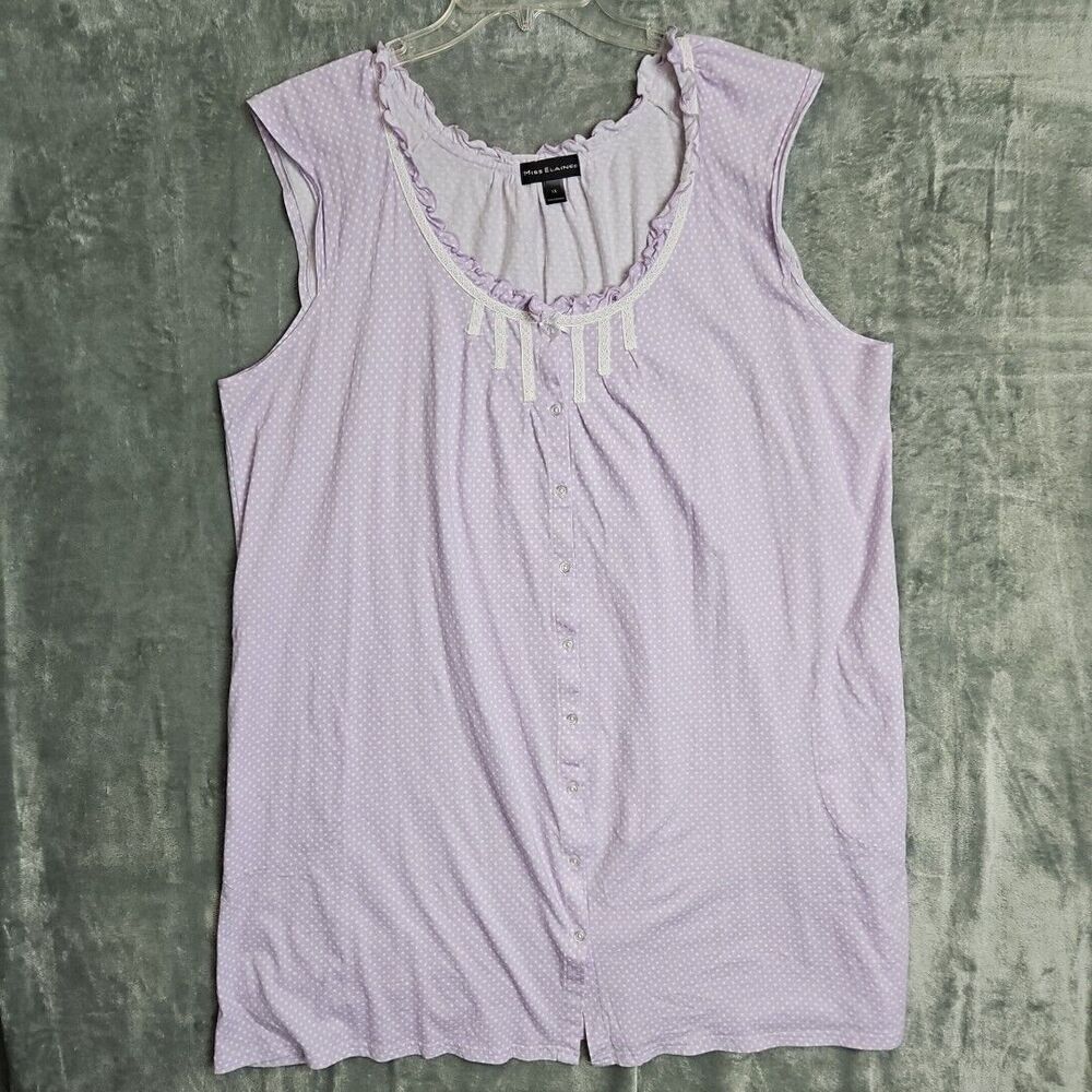 Miss Elaine Purple Polka-dot 1X Nightgown pockets button sleeveless cotton